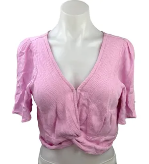 Abercrombie & Fitch Pink Twist Front V-Neck Flutter Sleeve Crop Top Blouse Sz M thumbnail 1