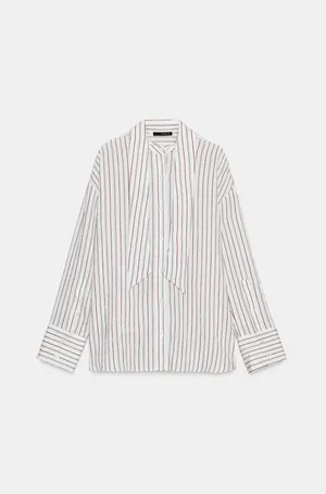 BNWT Zara Mint Chocolate Green & Brown Striped Flowy Button Down Scarf Shirt thumbnail 5