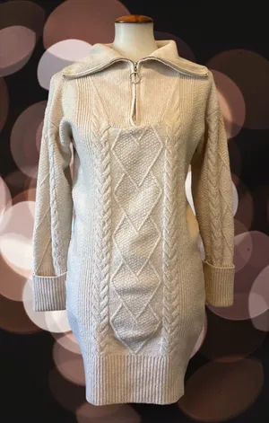 Olive & Oak Cream Cable Knit Half Zip Mock Neck Sweater Dress Small thumbnail 1