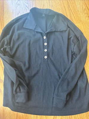Women’s black Waffle Knit Henley Long-Sleeve Shirt thumbnail 1