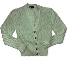 Ann Taylor Mint Ribbed Puff-Sleeve Button Cardigan thumbnail 1