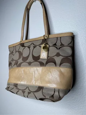 COACH Y2K Vintage Signature Monogram Metallic Tan Leather Stripe Tote Bag Preppy thumbnail 3