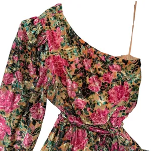 HEMANT‎ & NANDITA One Shoulder Floral Metallic Ruffle Mini Dress XL FLAWED thumbnail 5