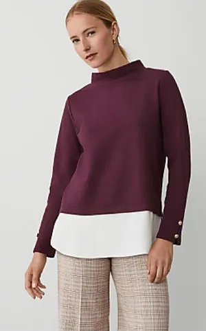 Ann Taylor Burgundy Mock Neck Layered Shirttail Top Large Gold Buttons thumbnail 1