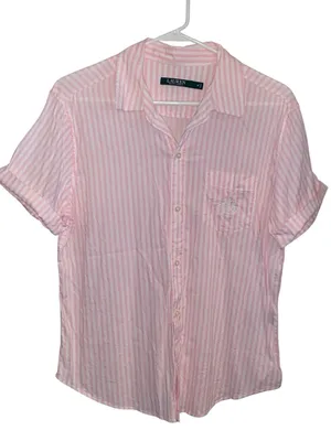 Lauren Ralph Lauren Pink Striped Short-Sleeve button up Shirt Coastal Grandma thumbnail 2