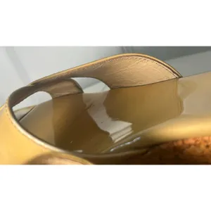 Jimmy Choo Wedge Sandals Slide 7 Tan Patent Leather Cork Heel‎ Logo Toe Plate thumbnail 11