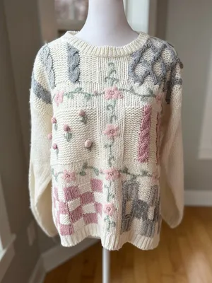 Vintage 90 Cape Cod Floral Patchwork Crewneck Sweater Pink Gray Embroidery thumbnail 1