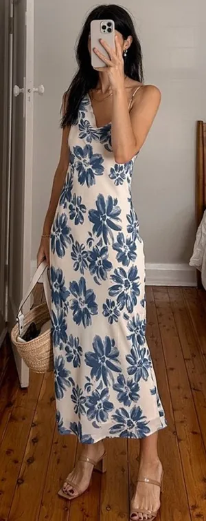 Reformation Large Chandelier Floral Midi Dress Celestia Blue Floral‎ Ivory thumbnail 1