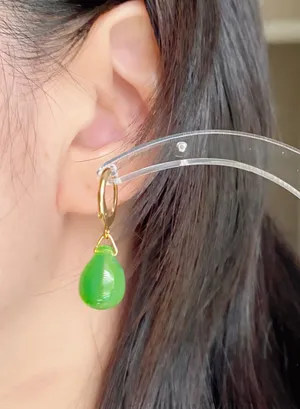 Handmade green opal teardrop Czech glass simple minimalist earrings💚 thumbnail 6