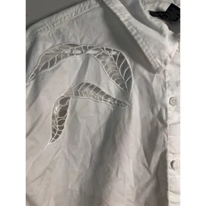Christian Lacroix White Cut Out Leaf Embroidered Cropped Button Down Shirt‎ Sz L thumbnail 2