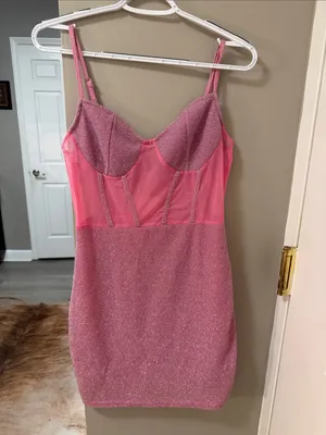 Y2K Pink Glitter Mesh Corset Style Bodycon Mini Dress Size Medium US 8-10 thumbnail 2
