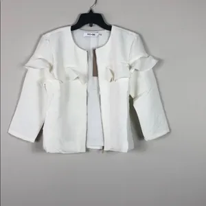 Ivory Ruffle Jacket Lightweight Zip Front Cropped Blazer Lined Size Small NWT White thumbnail 4