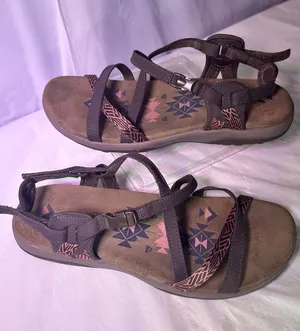 Skechers Brown Sandals with Pink Patterned Straps thumbnail 1