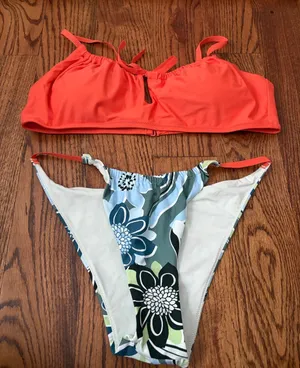 aerie Coral Bikini Top w/Blue & Green Floral Cheeky Bottom Top XL Bottom Large thumbnail 1