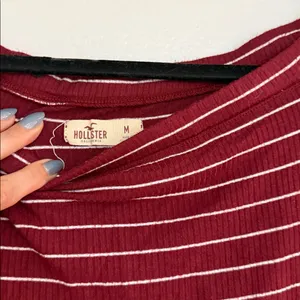Hollister Ribbed Maroon & White Striped Off Shoulder Long Sleeve Bodysuit thumbnail 5