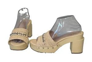 Franco Sarto Capri Clog Womens Platform Heel Sandals Straw Chain Beige Size 8 thumbnail 1