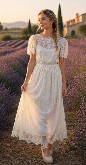 Vintage 70s Cream White Lace Scallop Trim Short Sleeve Midi Dress Regency Fairy thumbnail 1