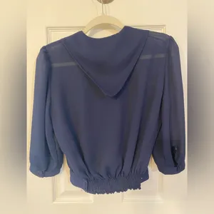 EZ Street | Navy Blue Tie and Cinched Waist Blouse, Size S thumbnail 2