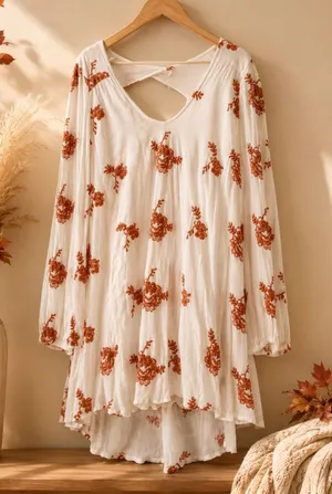 Free People White Rust Embroidered Boho Tunic Mini Dress Size S thumbnail 1