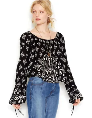 Free People Cropped‎ Top Washed Black Dazed Print Size Small Jersey Long Sleeve thumbnail 1