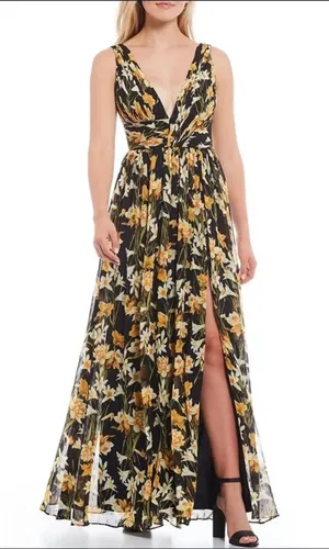 Aidan Mattox Floral Pleat V Neck Front Slit Formal Maxi Dress Black Yellow 8 thumbnail 1