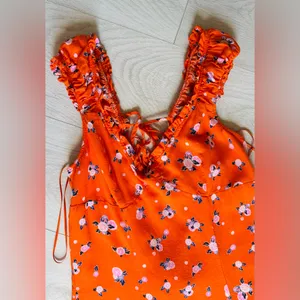 Free People Like a Lady Printed Mini Orange Dress Open Tie Back, Sz M thumbnail 5