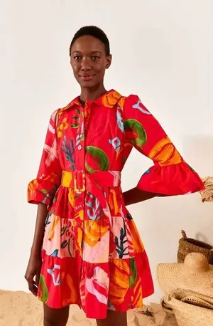 Farm Rio Tropical Fruit Printed Mini‎ Shirt Dress Small Multicolor Belted Resort thumbnail 1