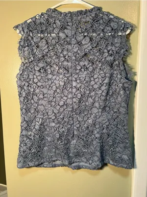 White House Black Market‎ Women's Size 12 Lace Blouse Blue Gray High Neck Soft thumbnail 6