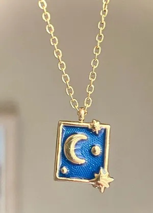 Handmade gold stainless steel blue celestial whimsical chic moon necklace⭐️ thumbnail 1
