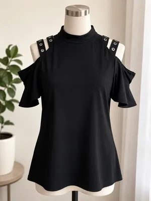 Women’s Black Cold Shoulder Blouse Ruffle Sleeve Casual Top thumbnail 4