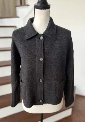 J.Crew Dark Charcoal Wool Blend Fleece Lined Button Down Lady Cardigan thumbnail 1