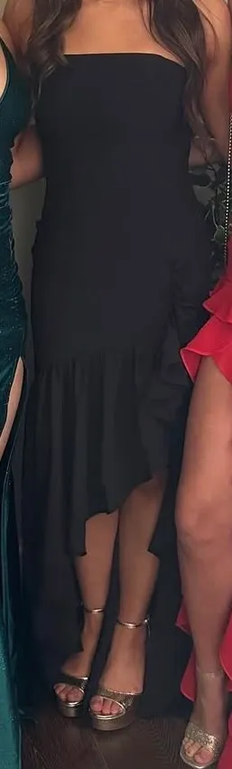 Black prom dress ruffle slit thumbnail 3
