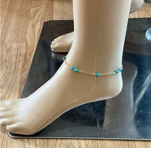 Elegant Turquoise Beaded Gold Anklet Blue thumbnail 1