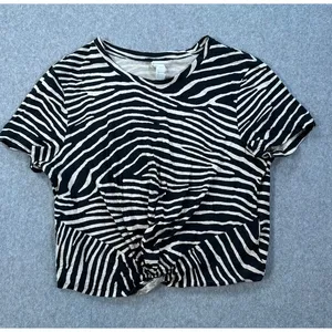 H&M Zebra Print Knotted Cropped Tee Shirt Womens Medium Short Sleeve Black/Beige thumbnail 1
