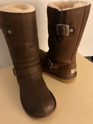 UGG women Brown Leather Shearling biker moto Boots US 6 thumbnail 2