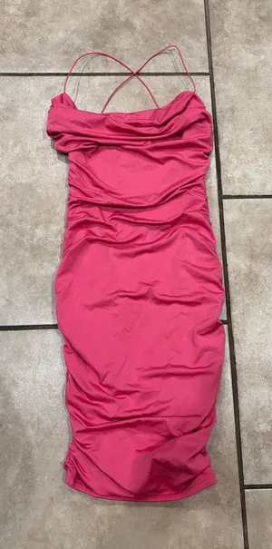 Oh Polly Hot Pink Ruched Mini Strappy Dress thumbnail 1
