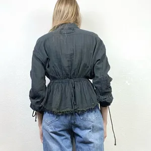 Free People Pacific Dawn Dark Grey Distressed Fitted Waist Scrunched Sleeve Top thumbnail 2