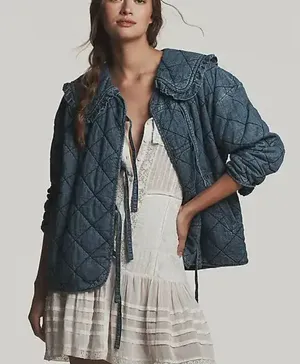 Maeve Anthropologie Hazel Quilted Chambray Cottagecore Farmhouse Jacket Size S thumbnail 1
