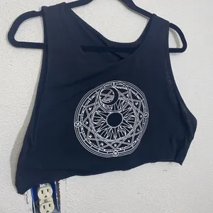 SHEIN 2XL Black Cropped Tank Top Astrological Sun & Moon Graphic Raw Hem Goth thumbnail 2