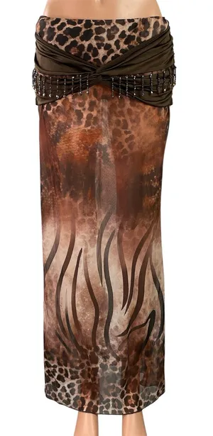 Shein Brown Leopard Print Beaded Fringe Sheer Beach Swim Maxi Coverup Skirt Sz L thumbnail 1