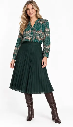 Green, Cream & Brown Long Sleeve Relaxed Fit Lightweight Button Front Blouse thumbnail 1