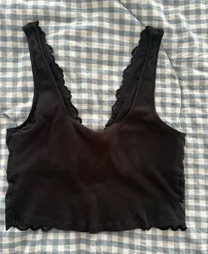 aerie Black Ribbed Lace-Trim Crop Tank thumbnail 1