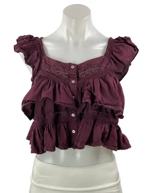 Free People Sunny Days Ahead Maroon Ruffle Tiered Boho Button Up Crop Top Size M thumbnail 1