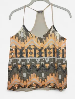 Charlotte Russe XS Sequined Geometric Cami Top Peach Gold Silver Racerback💋 thumbnail 1