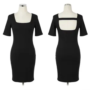Popular 21 Black Ribbed Square Neck Cutout Open Back Bodycon Midi Dress - L thumbnail 2