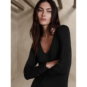 Banana Republic Aicha Maxi Sweater Dress Black Ribbed V-Neck Long Sleeve XXS‎ thumbnail 3