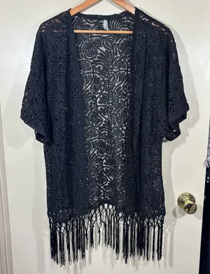 Vanity Y2K Black Lace Cover-Up Kimono with Fringe Size L thumbnail 1