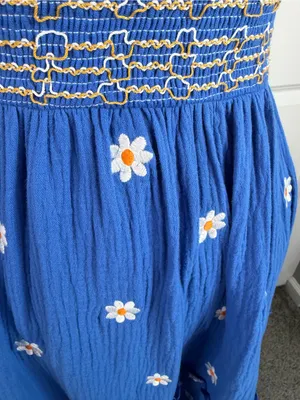 Boutique Sz S Blue Daisy Smocked Tie Strap Tiered Maxi Dress Cottagecore thumbnail 6