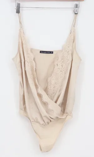 Abercrombie & Fitch Bodysuit Womens M Surplice Lace Trim Champagne Satin Good thumbnail 1