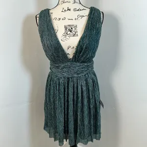 NWT Lulus Ailey Gold and Teal Blue Skater Dess V Neck Sleeveless Party Cocktail‎ thumbnail 7